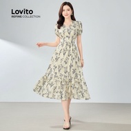 (trendy6)(Lovito Refine) Elegant Floral Ruffle Hem Spring/Summer Off White Dress for Women LR11E1D03