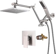 Brushed Nickel Shower Faucet Set Complete 8 Inch Rainfall Shower Head with Handheld, High Pressure Dual Shower Head Combo With Adjustable Extension Arm, 3-Way Diverter, Rough-In Valve