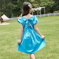十九車童裝韓國女童藍色夏季連身裙短袖中長款裙子洋裝蝴蝶結女孩純色兒童裙10歲