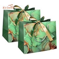 2Pcs Paper Gift Bags with Bow Ribbon Present Bag Pouches with Handles for Birthday, Wedding, Christmas, Party, Shopping Green