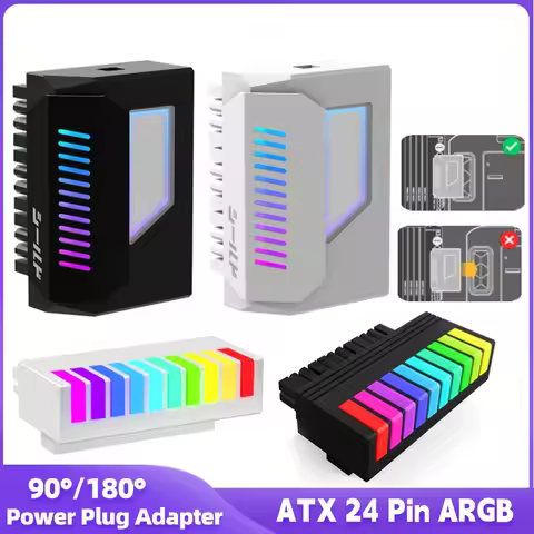 ATX 24Pin To 180/90 Degree Motherboard Power Supply ARGB Cable Connector Plug Adapter for Desktops C