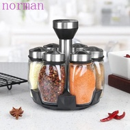 NORMAN Rotating Spice Rack, 360° Rotating with 6 Glass Spice Jars Spice Storage Container, Sturdy Glass Spice Jars Tower Shelf Seasoning Bottle Set Kitchen Organizer Box