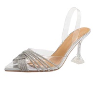 Giày Cao Gót Đính Đá Rhinestone Trong Suốt Màu Bạc Cho Nữ Giày Cao Gót Hở Mũi Giày Cao Gót Mùa Hè Gi