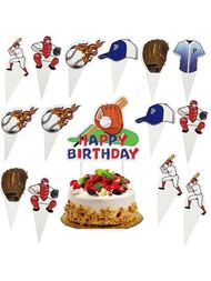 25入組棒球運動主題蛋糕插牌、杯子蛋糕插牌、生日快樂橫幅裝飾套裝,適用於棒球迷的生日、派對和甜點桌