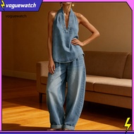 VOG* Denim Two-piece Outfit Wide-leg Trousers Women Women’s Summer Halter Denim Set – Tank Top Wide 