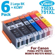 Vileed 6Pk 750Xl 2Pc Large Bk + 751Xl Bk C M Y 1Pc Each For Canon Print Ink Cartridge Pgi-750 Pgi750