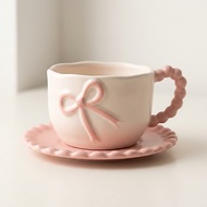 Ceramic Cup with Bow Tie and Plate Meaningful birthday gift for friends - Lovely Pastel Colored Cera