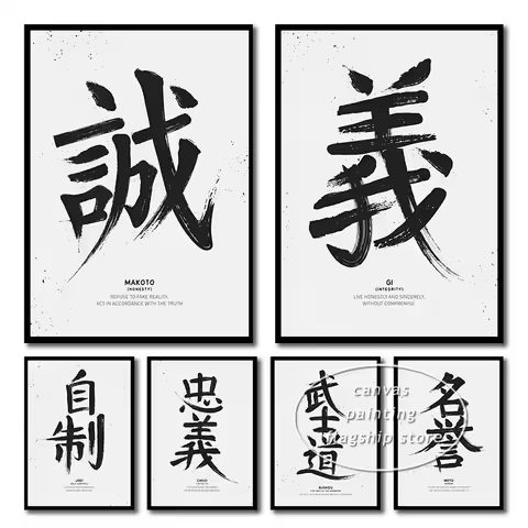 Bushido Virtue Honesty Loyalty Integrity Motivation Kanji Calligraphy Poster Canvas Painting Wall Ar
