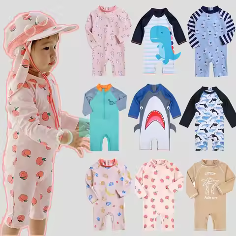 Summer Cute Baby Boys One-Piece Swimsuit With Hat 2-Piece Swimming Pool One-piece Swimsuit For Newbo
