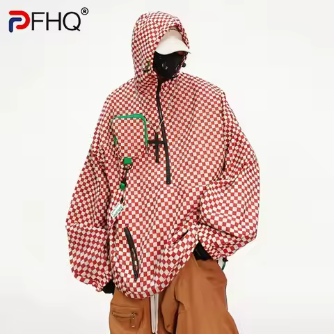 PFHQ Men Checkerboard Hooded Anorak Streetwear American Fashion Outwear Half Zip Windbreaker Multi P