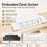 Embedded Desk Socket 3 UK Outlets + USB-C USB-A PD20W, Up-Sliding Cover Aluminum Power Strip, 13A 32