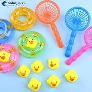 NOBELJIAOO 5Pcs/set Baby Floating Duck Bath Toys Mini Swimming Rings Rubber Yellow Ducks Fishing Net