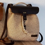 鉤針背包黃麻背包迷你背包。鉤編手提袋 水桶包