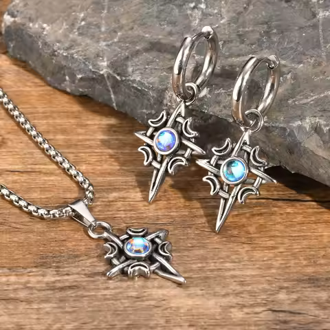 Vnox Witches Knot Moon Star Pendant Necklaces Earrings for Men Women, Stainless Steel Celtic Knot Mo