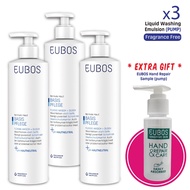 EUBOS Liquid Blue Washing Emulsion (Body Wash) Pump x 3 Bottles FREE Hand Cream Sample