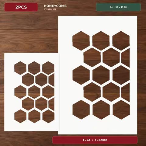 2PCS Honeycomb Stencils 8.3 x 11.7 Inch and 11.8 x 17.7 Inch Hexagon Painting Templates for Wall Woo