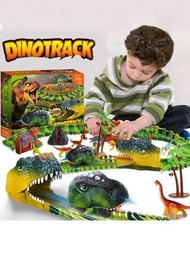 113入組恐龍玩具賽道,帶有8只恐龍玩偶,1輛電動賽車遊戲套裝,創造一個恐龍世界的道路賽跑,有燈光效果,男女童小孩禮物,部分零件隨機發送
