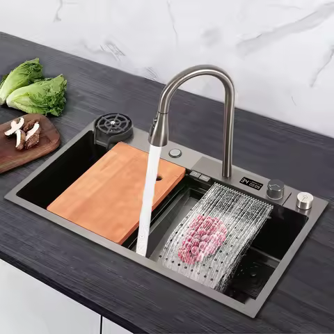 Digital Display Waterfall Kitchen Sink 201 Stainless Steel Multifunctional Workstation Sink with Pul
