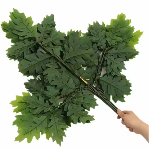 12pcs Artificial Glue Coated Oak Tree Leaf Branch for Greenery Wall Faux Three Forks Eiche Tree Stem