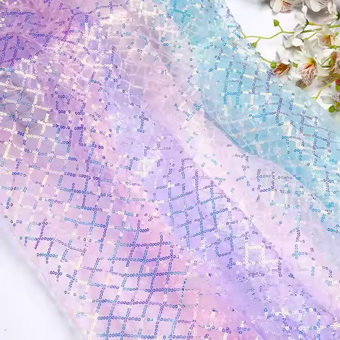 Manufacturer Wholesales Iridescent Fluorescent Sequin Fabric Checkered Embroidery Fabric Children's 