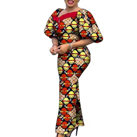 African Cotton Dashiki Dresses for Women Bazin Riche Print Regular Sleeve Maxi Party Plus Size Eco-F