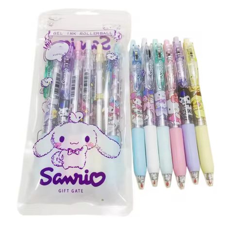 Sanrio Retractable Gel Ink Pens Set, 6PCS Cute Kawaii Black Ink Rollerball Pens with Clear Barrel, P