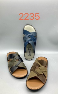 2235 雙色編織真皮男拖鞋 手工縫線 橡膠防滑底