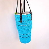 深湖藍純棉手鉤編織包 水壺袋 杯袋 環保袋