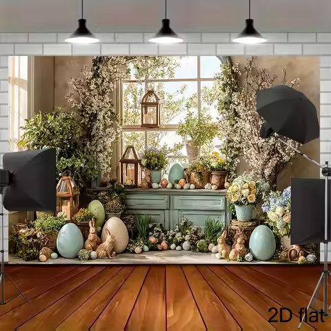 2D flat Easter-themed background, with soft-colored Easter eggs and rabbits on the windowsill, rabbi