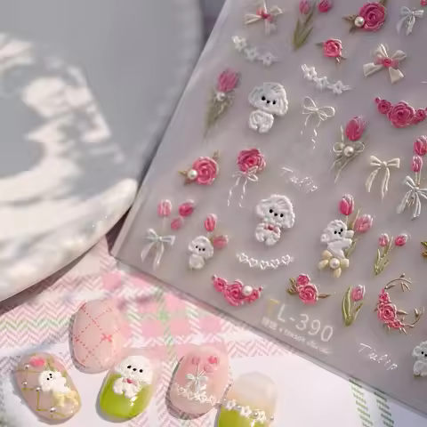 Cute Bichon Frise Pink Rose Flower Tulip White Wreath Bouquet Pearl Line Bowknot Self Adhesive Nail 