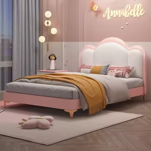 Large cushioned leather platform bed, pink castle children's bed, single double bed with solid wood 