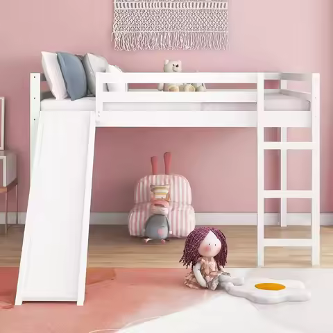 Full Size Loft Bed with Slide, Ladder & Safety Rail, Wooden Loft Bed for Kids, Teens, Girls & Boys, 