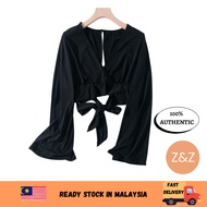 Women V-neck Off Back Bishop Sleeve Crop Top