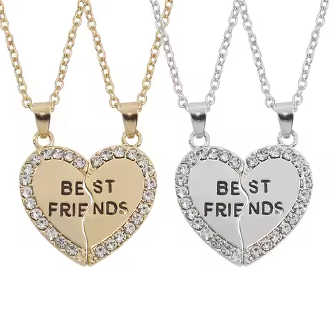 Unisex New 2 Pcs Heart Shape Best Friends Couple Necklaces Crystal Bff Friendship Forever Charm Jewe