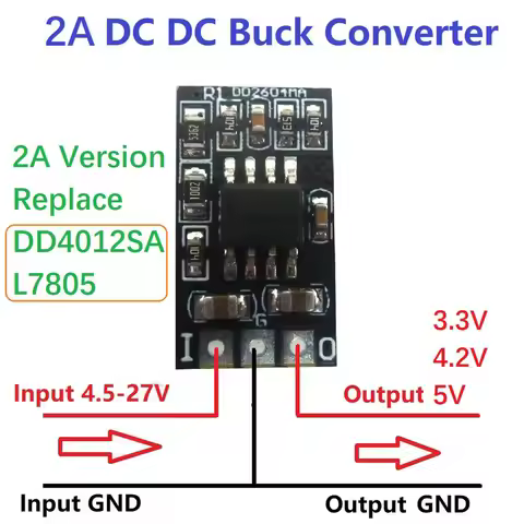 2A Buck Power Supply Module DC-DC Converter 4.5V-27V to 3.3V 4.2V 5V DD4012SA DD2712SA L7805 Upgrade