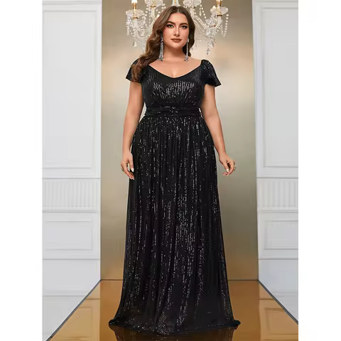 Plus Size Short Sleeve Loose Purple Sequin Elegant Evening Dress 4XL 5XL Big Size Fashionable Sequin