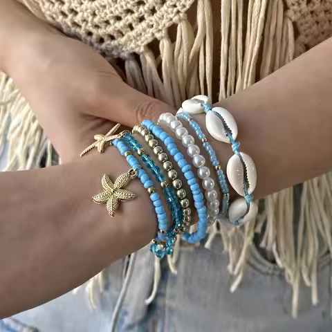 7Pcs/Set Bohemia Starfish Shell Beaded Bracelets for Women Summer Ocean Blue Beads Strand Hand Chain