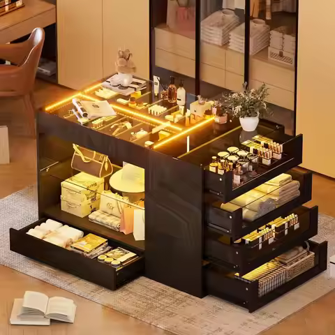 Bedroom Island with Drawers, Glass Top Wardrobe Armoire, Lighting & Jewelry Organizer, Walk-in Close