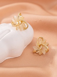 1 Pair Fashion Minimalist Elegant Cat Eye Stone Petal Stud Earrings, Suitable For Banquet, Party, We