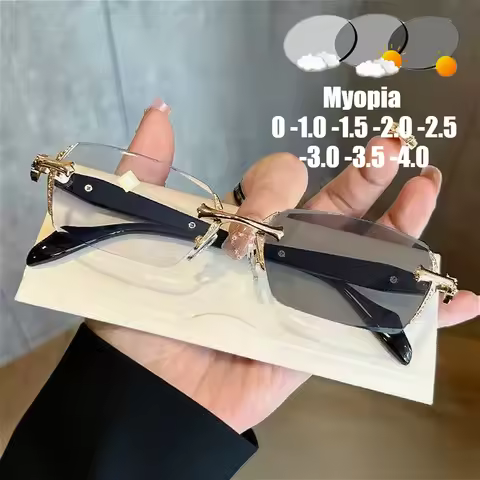 Rimless Photochromic Myopia Glasses Cut Edge High-end Metal Frame Blue Light Blocking Eyewear Anti-U