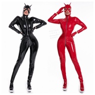 Women Sexy Wetlook Latex Catsuit with Mask PVC Faux Leather Jumpsuit Lady Erotic Costume