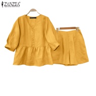 ZANZEA Women Korean Solid Color 3/4 Sleeve V-Neck Blouse + Shorts Sets