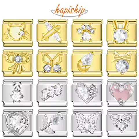 Hapiship Fashion Star Wing Heart Round Rainbow Crown Shiny CZ Italian Links Charm Fit 9mm Stainless 