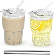 Icesip 15 oz Plastic Matcha Iced Coffee Cups with Lids and Straws Set of 2, Unbreakable Drinking Gla
