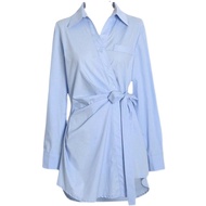 Zaraˉ Womens Clothing Design Sense Long Sleeve Shirt Collar Waist Fold Base Strap Blue Shirt Dress T