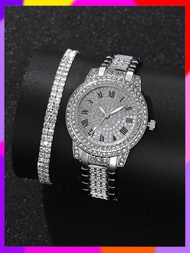 【Ready Stock】 ✿ ╉ Ь C25 3pcs set silver luxury rhinestone watches women crystal quartz bracelet watches wristwatch ladies dress wristwatch clock relogio
