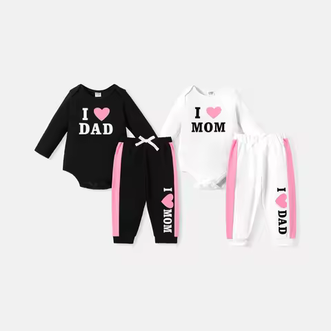PatPat 2pcs Baby Girl Cotton Long-sleeve Heart & Letter Print Romper and Sweatpants Set