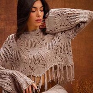 Round Neck Open Knit Tassel Fringe Hem Long Sleeve Western Sweater, Winter, Festival, Boho, Country 