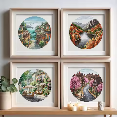 Joy Sunday Pre-printed Cross Stitch Kit Easy Pattern Aida Stamped Fabric Embroidery Set-Four Seasons