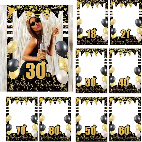 Black Gold Adult Birthday Photo Booth Frame 18 21 30 40 50 60 70 80th Birthday Photo Prop Happy Birt
